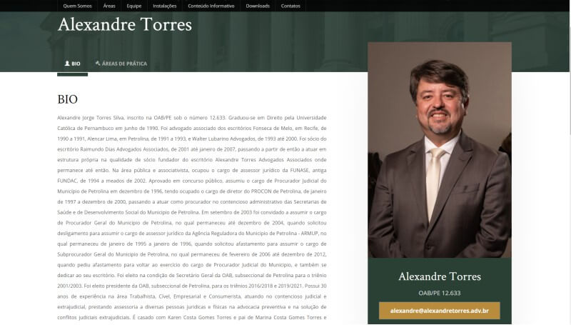screenshot bio perfil site alexandre torres advogados